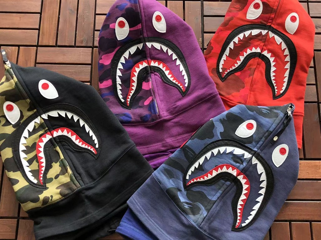 BAPE shark full-zip hoods in split camo colourways
